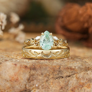 Selene’s Grove | Pear Green Sapphire & Moon Phase Couple Ring Set