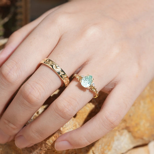 Selene’s Grove | Pear Green Sapphire & Moon Phase Couple Ring Set