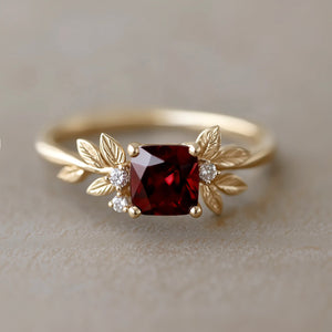 Crimson Grove Red Square Garnet Ring, Red Garnet engagement ring, Garnet Leaf Ring