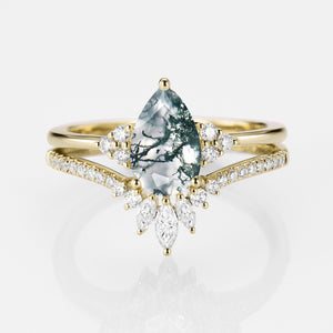 1.5ct Signature Pear Vintage Moss Agate Engagement Ring Set 2pcs - Lydia