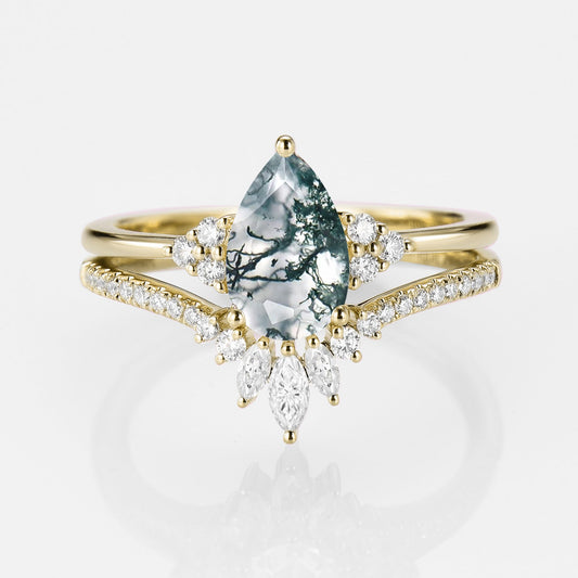 1.5ct Signature Pear Vintage Moss Agate Engagement Ring Set 2pcs - Lydia