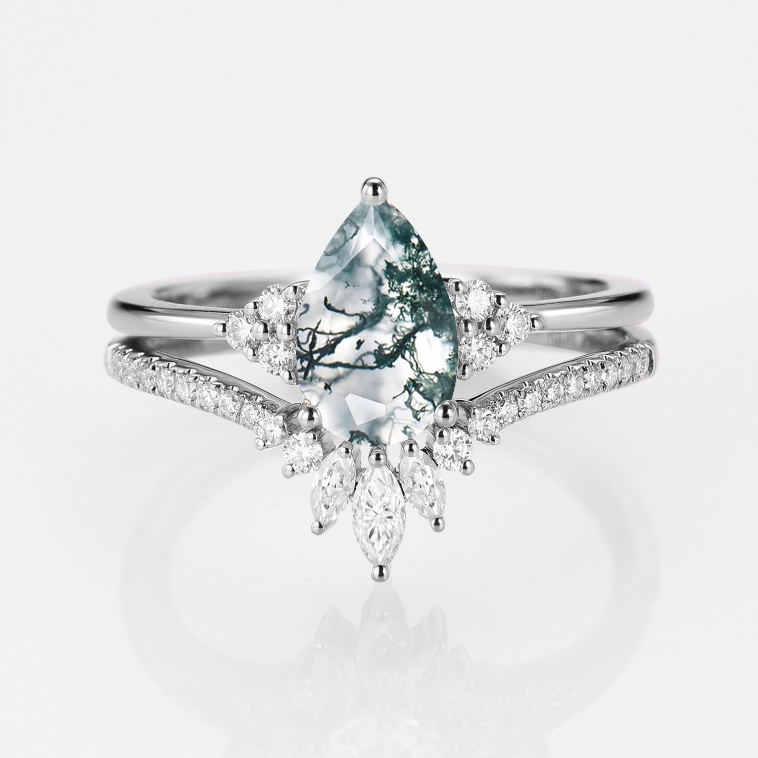1.5ct Signature Pear Vintage Moss Agate Engagement Ring Set 2pcs - Lydia