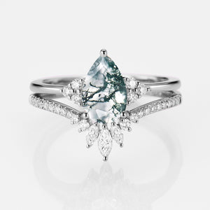1.5ct Signature Pear Vintage Moss Agate Engagement Ring Set 2pcs - Lydia