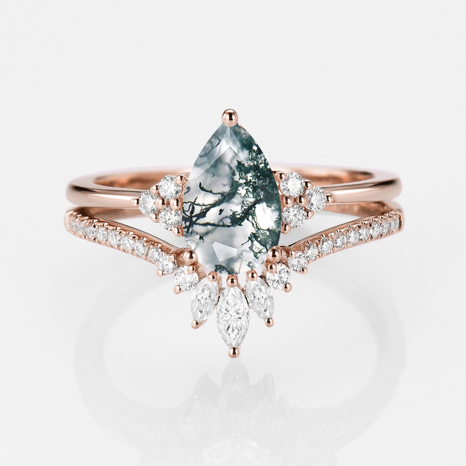 1.5ct Signature Pear Vintage Moss Agate Engagement Ring Set 2pcs - Lydia