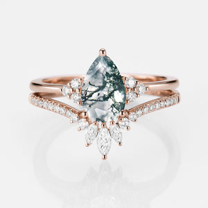 1.5ct Signature Pear Vintage Moss Agate Engagement Ring Set 2pcs - Lydia