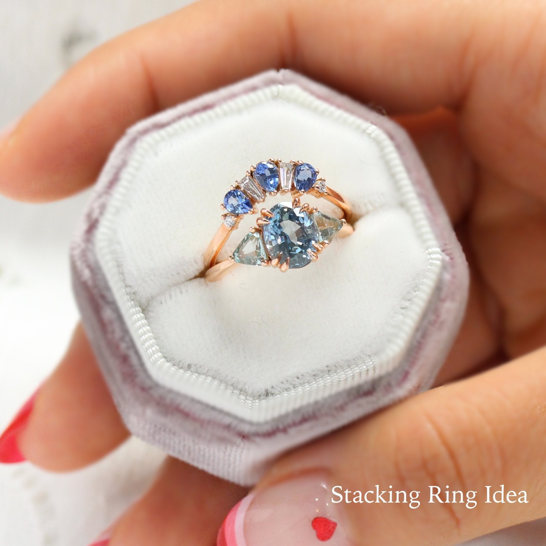 Large Aqua Blue Sapphire Engagement Ring in 14k Rose Gold 3 Stone Ring, Size 6
