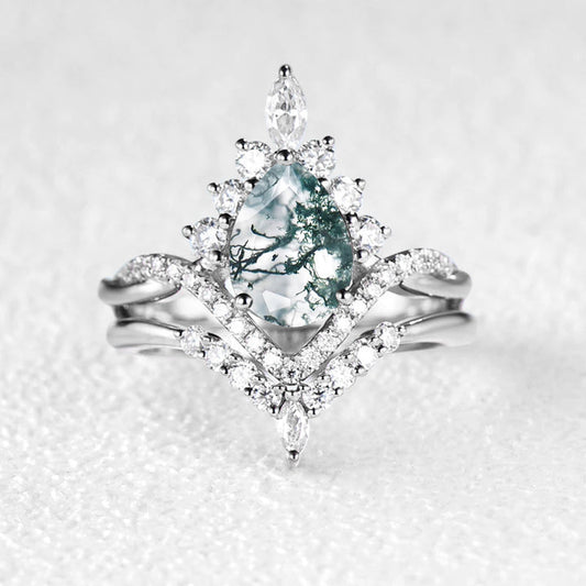 Pear Shaped Moss Agate Infinity Engagement Ring Set 2pcs