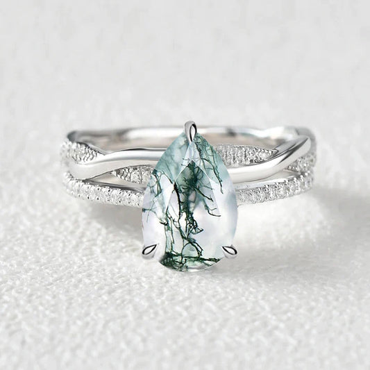 Infinity Pear Moss Agate Straight Ring Set 2pcs