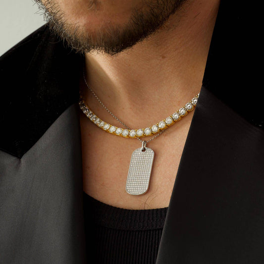 Pavé Dog Tag Statement Pendant Necklace In Silver Moissanite