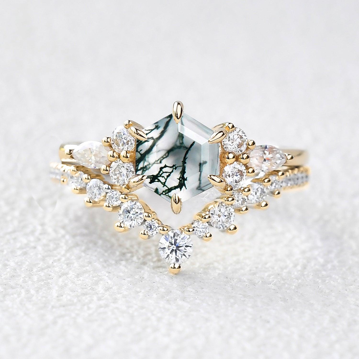 Vintage Hexagon Cut Moss Agate Engagement Ring Set 2pcs - Inaya