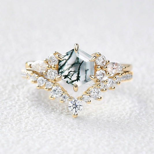 Inaya Vintage Hexagon Cut Moss Agate Engagement Ring Set 2pcs