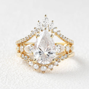 3.0ct Pear Shaped Moss Agate & Pearl Bridal Ring Set 3pcs
