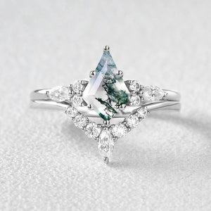 Kite Cut Moss Agate Marquise Engagement Ring Set 2pcs
