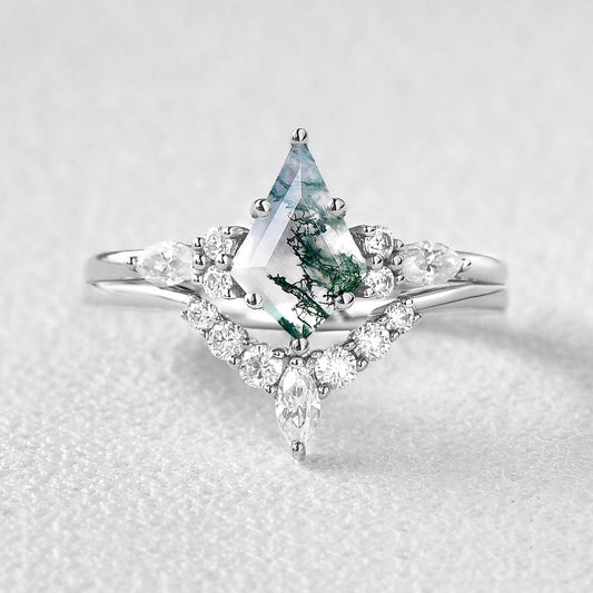 Kite Cut Moss Agate Marquise Engagement Ring Set 2pcs