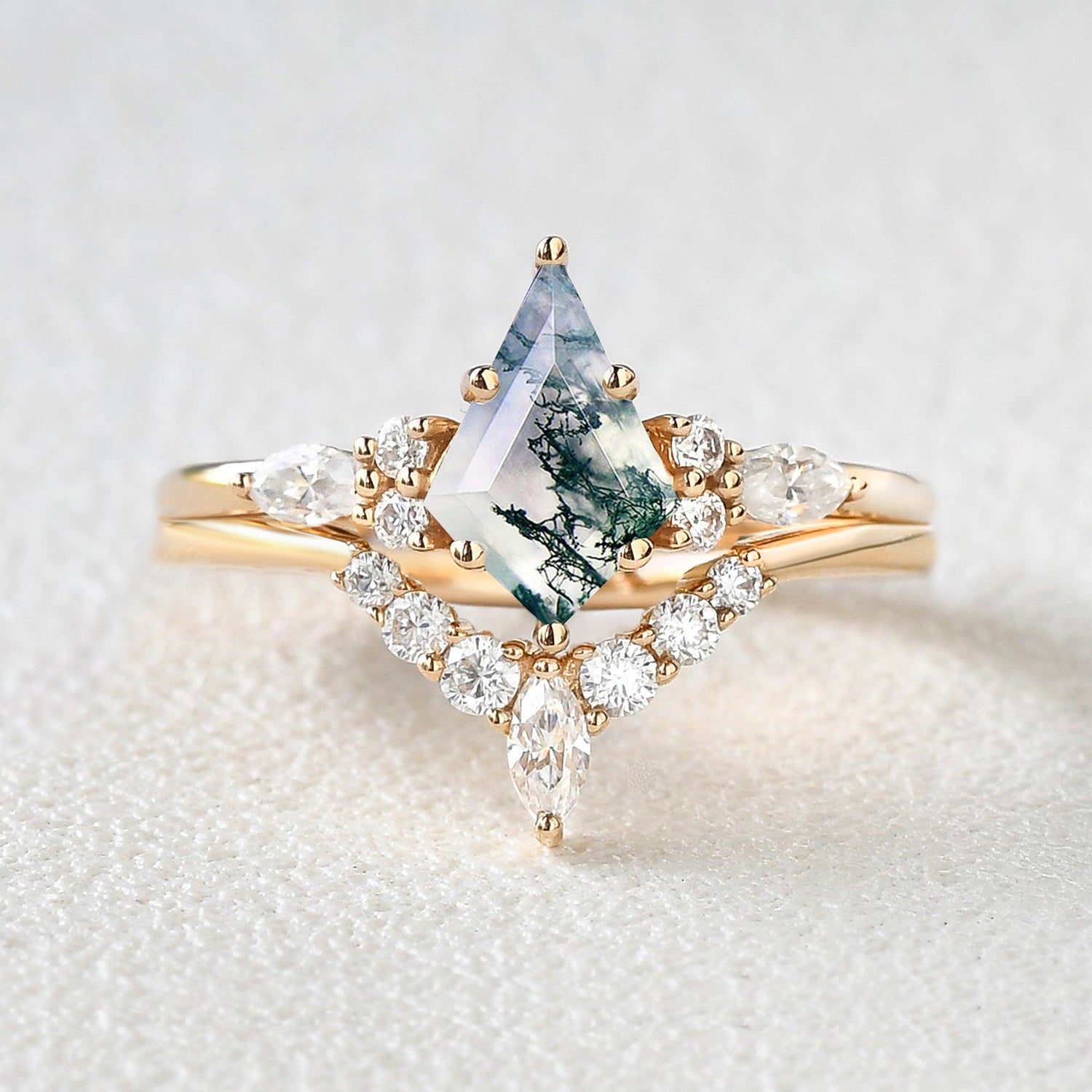 Kite Cut Moss Agate Marquise Engagement Ring Set 2pcs