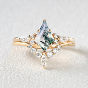 Kite Cut Moss Agate Marquise Engagement Ring Set 2pcs