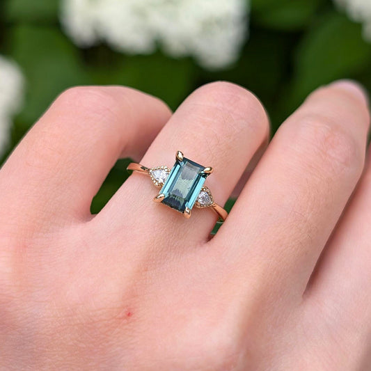 2CT Emerald Cut Green Gemstone Leafy Engagement Ring