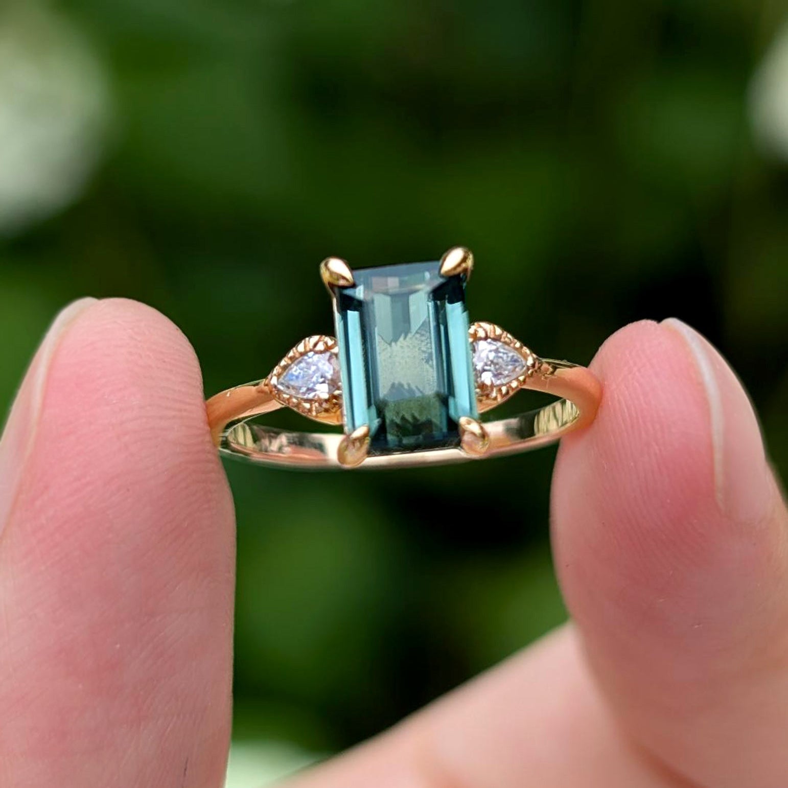 2CT Emerald Cut Green Gemstone Leafy Engagement Ring