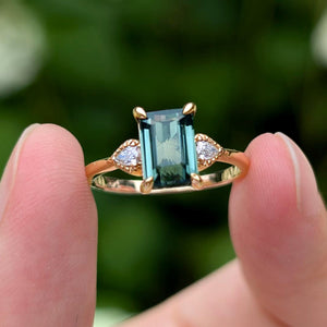 2CT Emerald Cut Green Gemstone Leafy Engagement Ring