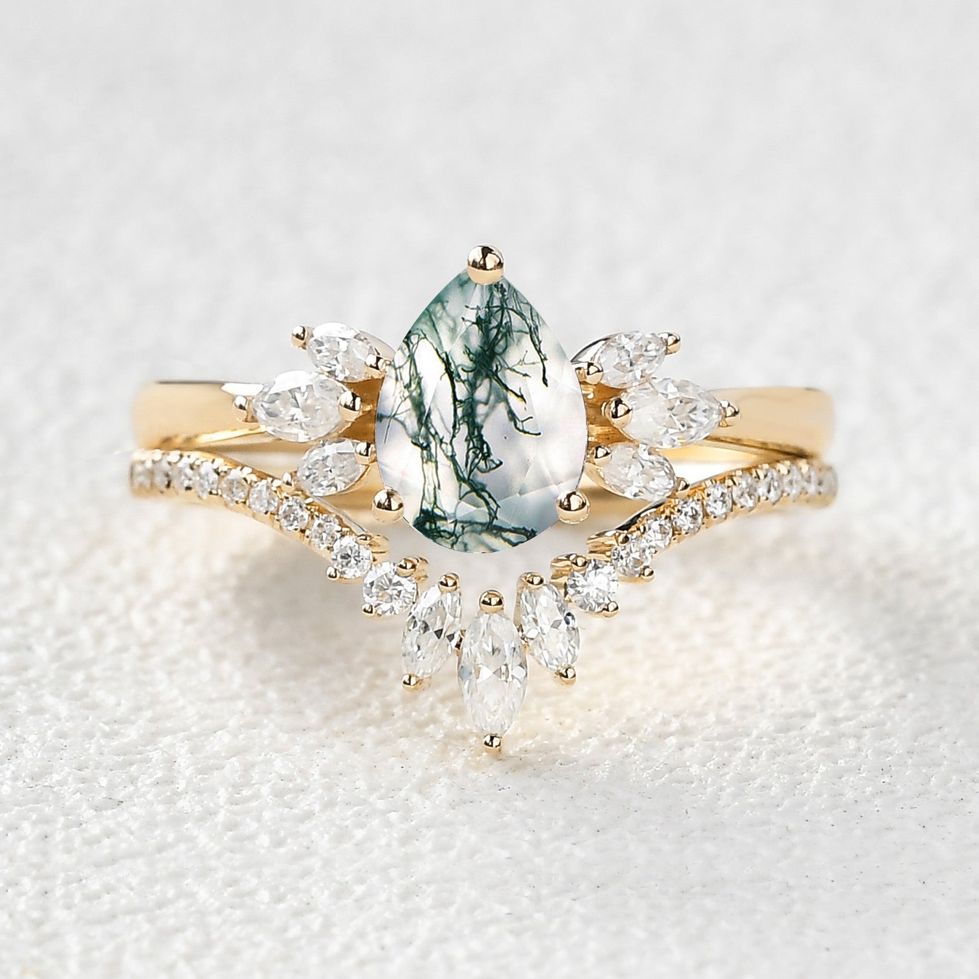 Fairy Ring - 1.5ct Pear Shaped Moss Agate Butterfly Cluster Ring Set 2pcs