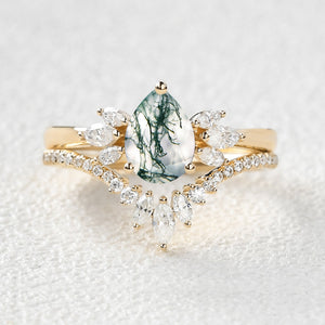 Fairy Ring - 1.5ct Pear Shaped Moss Agate Butterfly Cluster Ring Set 2pcs