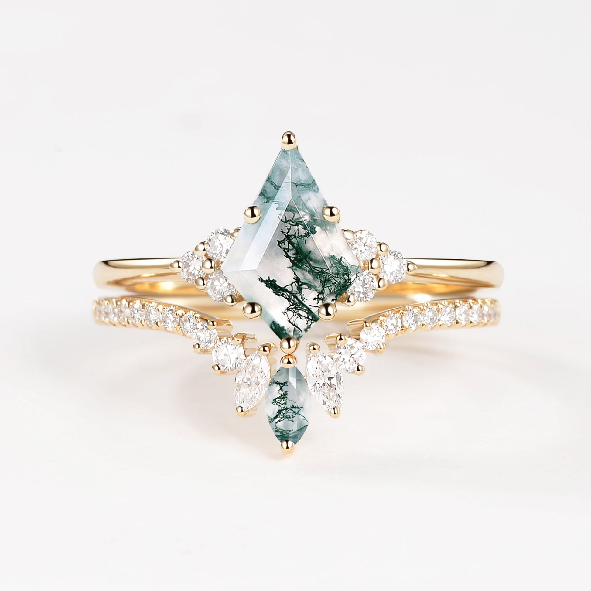 Unique Moss Agate Cluster Engagement Ring Set 2pcs - Lydia