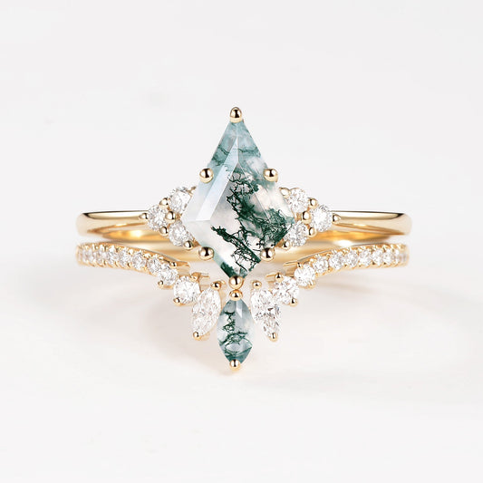 Lydia Unique Moss Agate Cluster Engagement Ring Set 2pcs