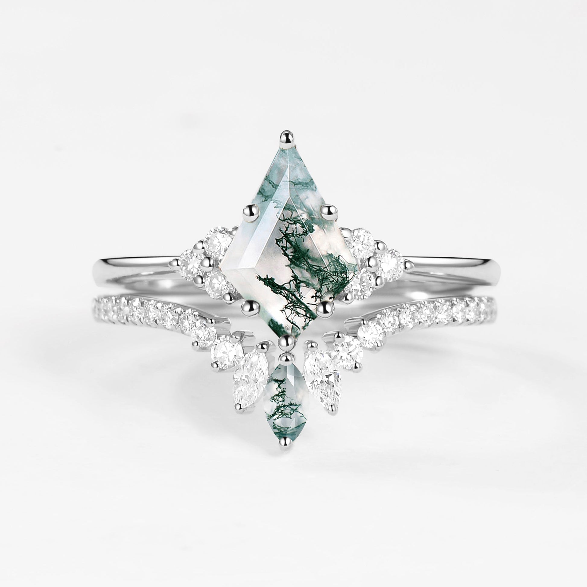 Unique Moss Agate Cluster Engagement Ring Set 2pcs - Lydia