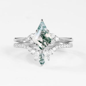 Unique Moss Agate Cluster Engagement Ring Set 2pcs - Lydia