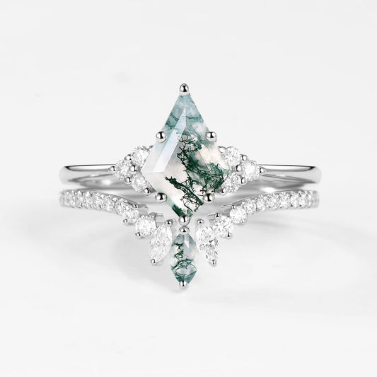 Unique Moss Agate Cluster Engagement Ring Set 2pcs - Lydia