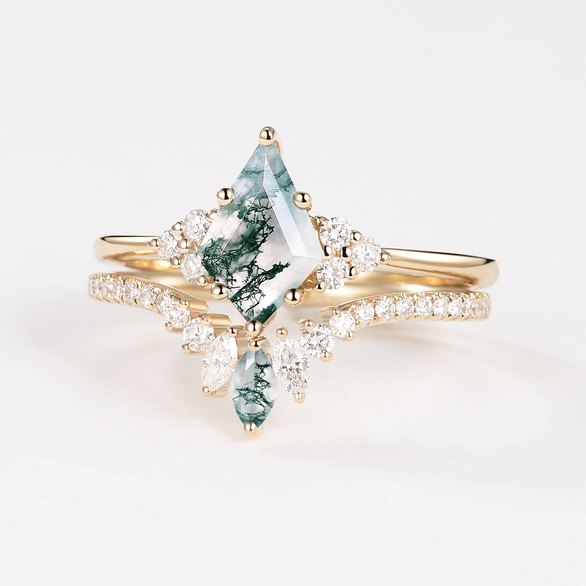 Unique Moss Agate Cluster Engagement Ring Set 2pcs - Lydia