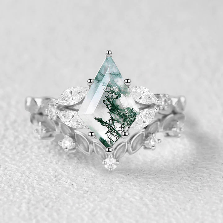 Nature Inspired - Kite Cut Moss Agate Leafy Engagement Ring Set 2pcs