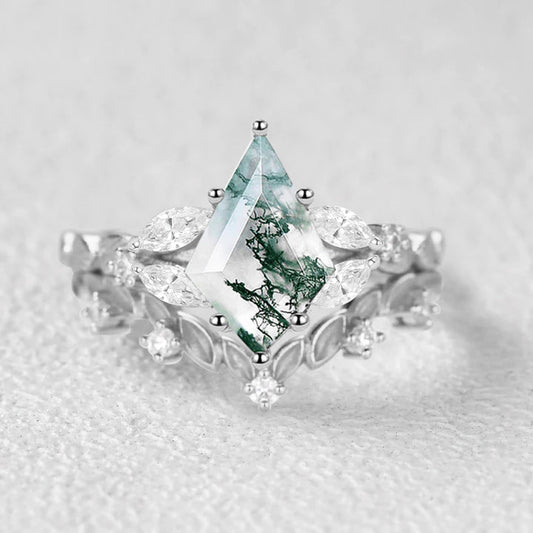 Nature Inspired - Kite Cut Moss Agate Leafy Engagement Ring Set 2pcs