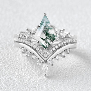 Kite Cut Moss Agate Stacking Luxurious Engagement Bridal Set 3pcs