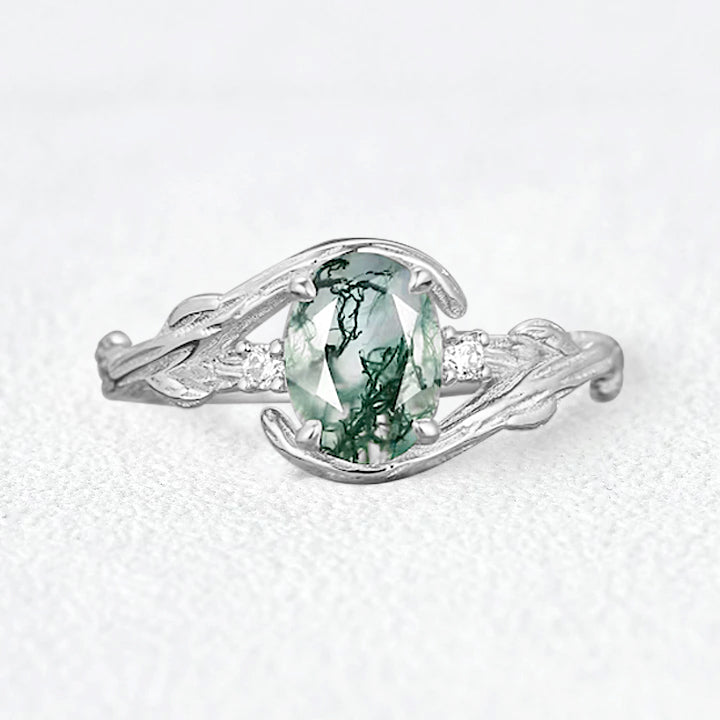 Oval Cut Moss Agate Branches Vintage Engagement Ring