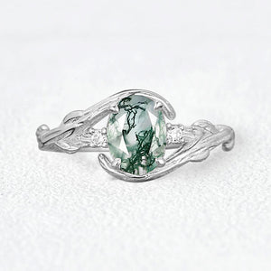 Oval Cut Moss Agate Branches Vintage Engagement Ring