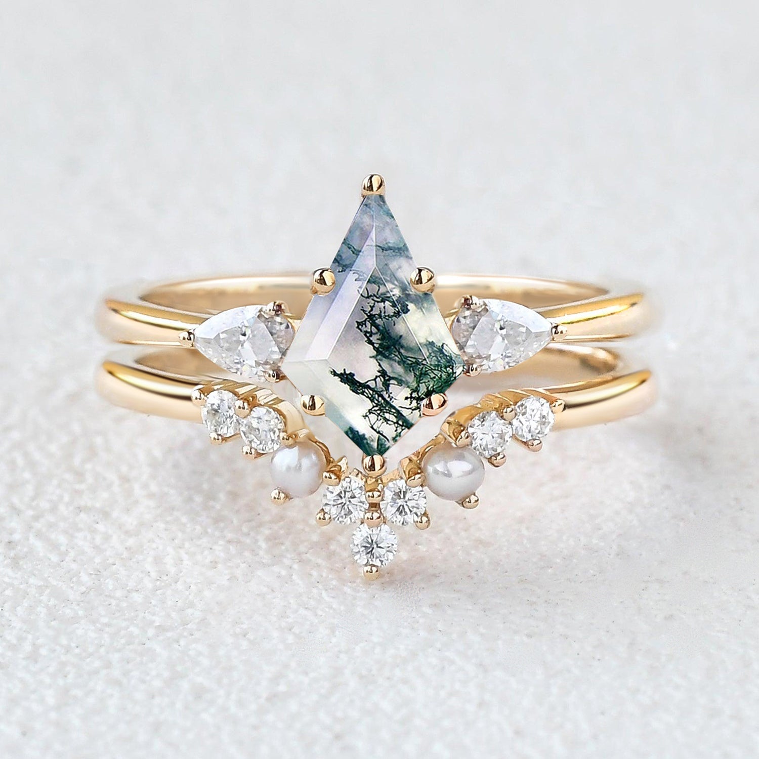 Kite Cut Moss Agate Pearl Stacking Engagement Ring Set 2pcs