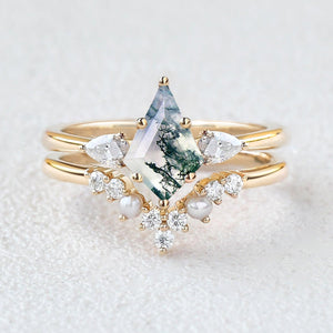 Kite Cut Moss Agate Pearl Stacking Engagement Ring Set 2pcs
