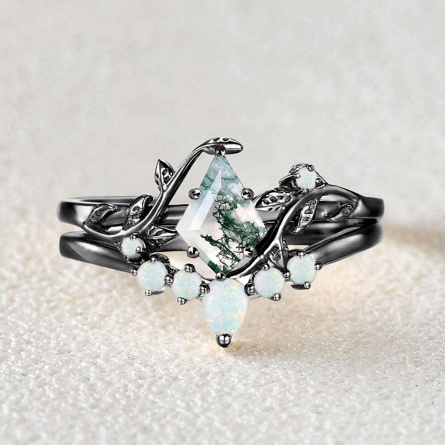 Colorful Stones Unique Kite Cut Moss Agate Leafy Bridal Ring Sets 2pcs - Willow