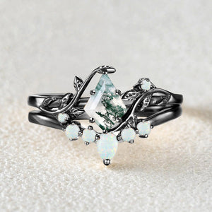 Colorful Stones Unique Kite Cut Moss Agate Leafy Bridal Ring Sets 2pcs - Willow