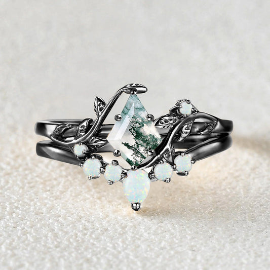 Willow Colorful Stones Unique Kite Cut Moss Agate Leafy Bridal Ring Sets 2pcs