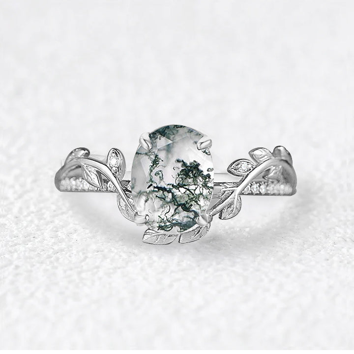 Oval Cut Moss Agate Classic Vine Engagement Ring