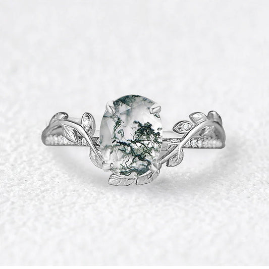Oval Cut Moss Agate Classic Vine Engagement Ring