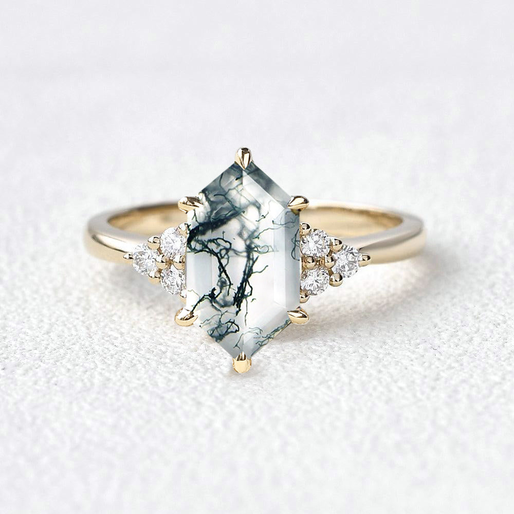 Vintage Hexagon Moss Agate 3 Stone Engagement Ring - Nova