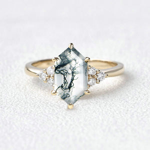 Vintage Hexagon Moss Agate 3 Stone Engagement Ring - Nova