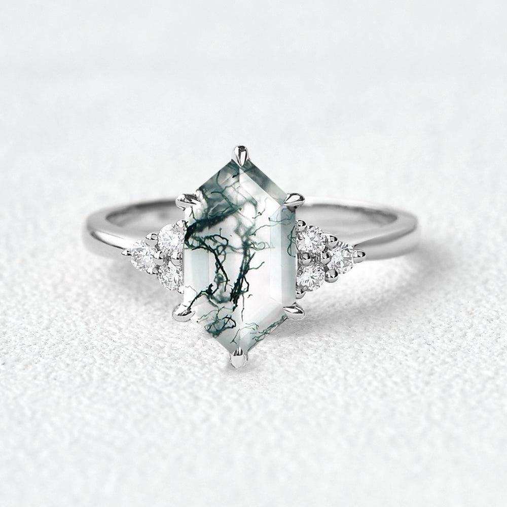 Vintage Hexagon Moss Agate 3 Stone Engagement Ring - Nova