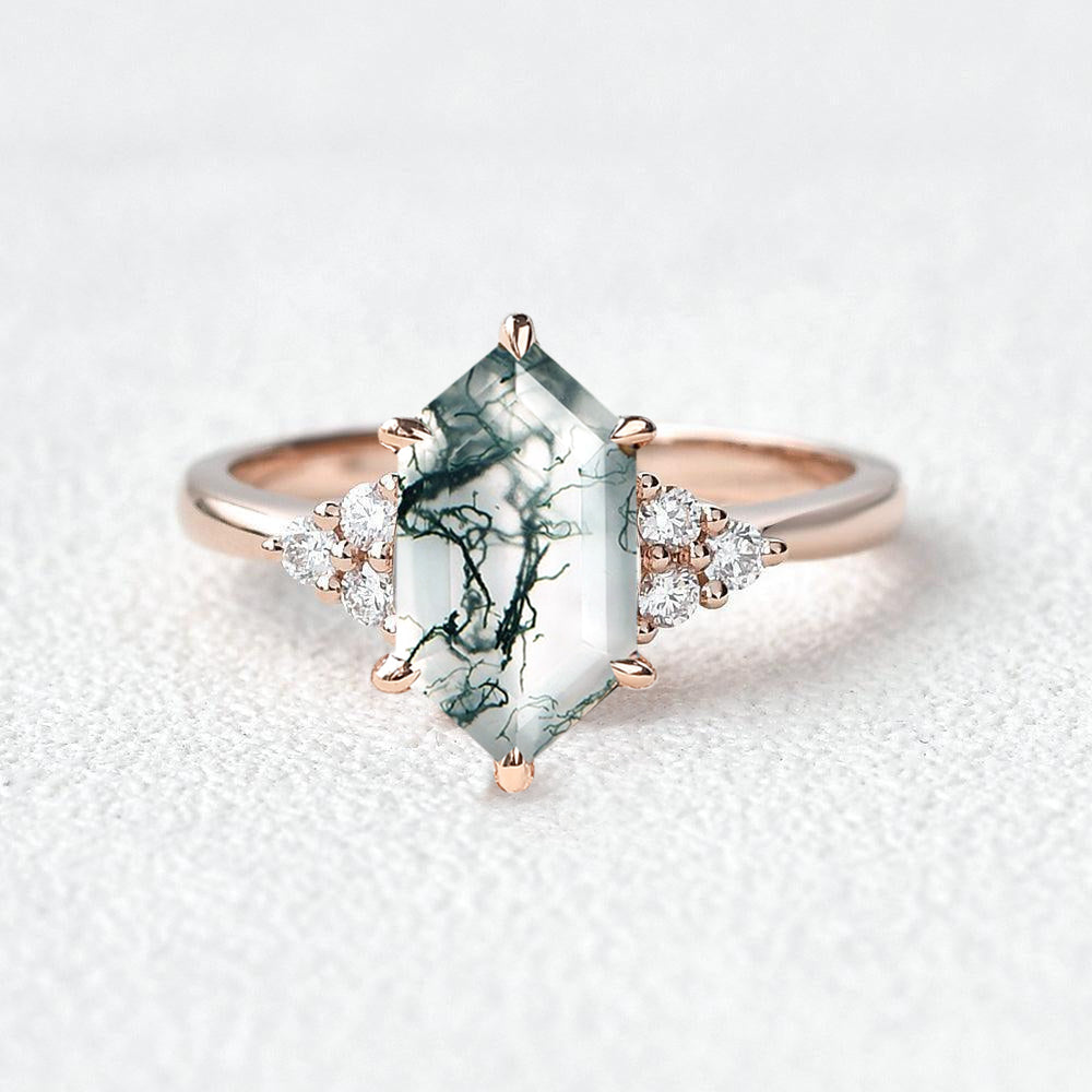 Vintage Hexagon Moss Agate 3 Stone Engagement Ring - Nova
