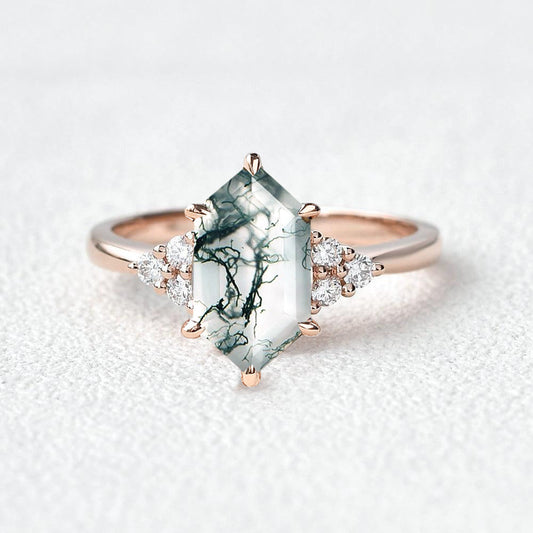 Vintage Hexagon Moss Agate 3 Stone Engagement Ring - Nova